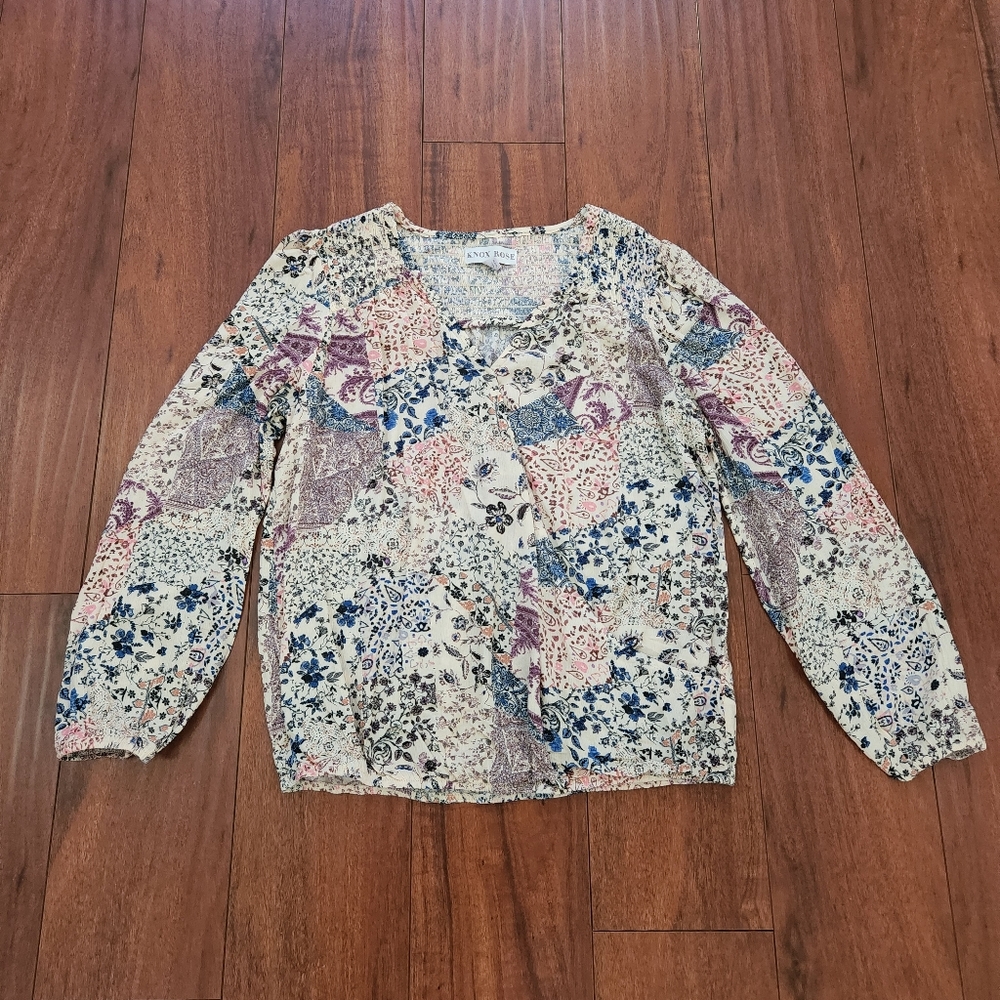 KNOX ROSE FLORAL PAISLEY PATCHWORK FAUX WRAP GAUZE LIGHTWEIGHT TOP